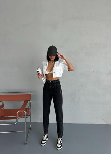 Ön Pileli Baloon Fit Füme Jean Pantolon