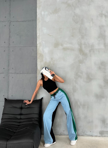Yeşil 3 İplik Denim Karışımlı Baggy Pantolon