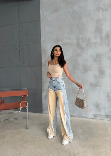 Bej 3 İplikli Denim Karışımlı Baggy Pantolon