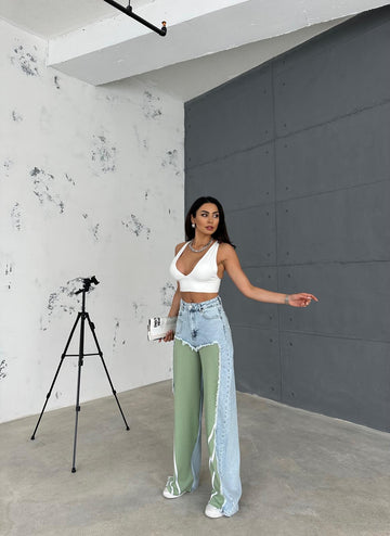 Yeşil 3 İplikli Denim Karışımlı Baggy Pantolon