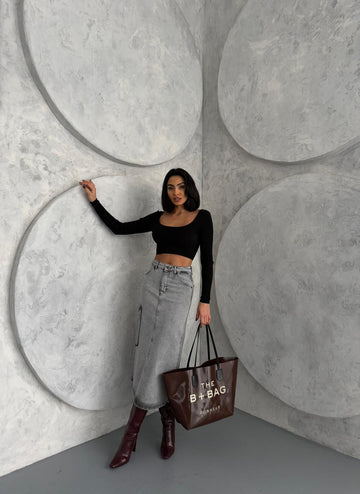 Kargo Cepli Arka Yırtmaçlı Denim Etek