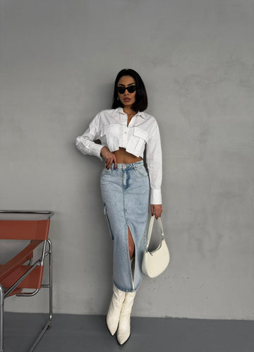 Ön Yırtmaçlı Maxı Denim Etek