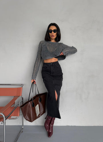 Kargo Cepli Ön Yırtmaçlı Maxı Denim Etek