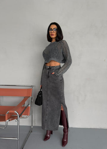 Yanlardan Yırtmaçlı Füme Jean Etek