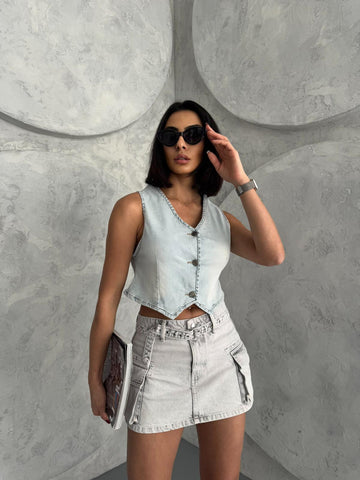 Düğmeli V Yaka Crop Denim Yelek