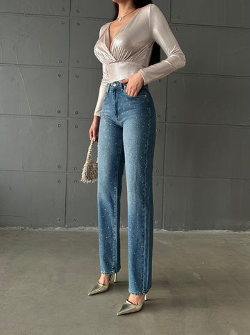 Taş Detaylı Straight Denim Pantolon