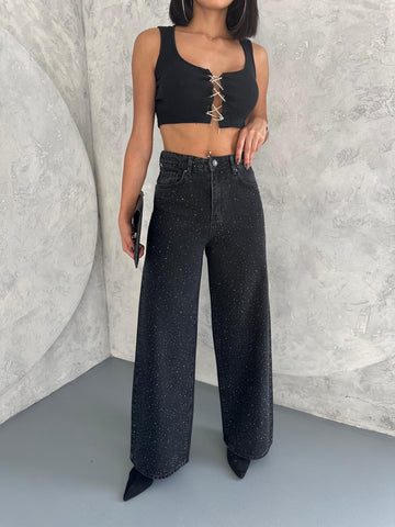 Taş Detaylı Baggy Füme Jean