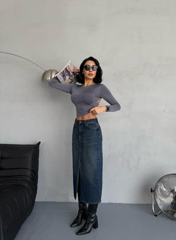 Maxı Yırtmaçlı Tint Jean Etek