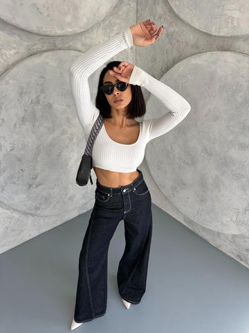 Palazzo Rins Yandan Dikişli Denim Pantolon