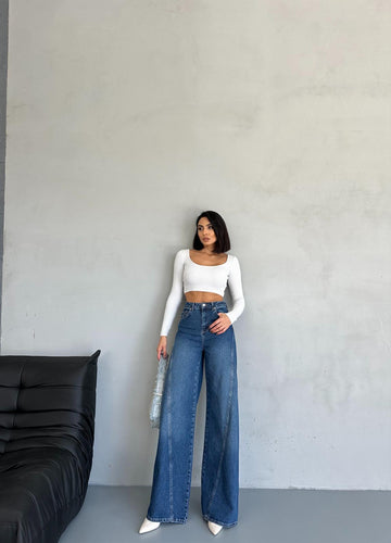 Palazzo Yandan Dikişli Mavi Denim Pantolon