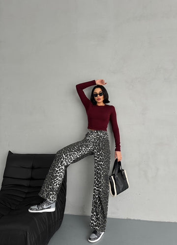 Leopar Desenli Haki Wide Leg Pantolon