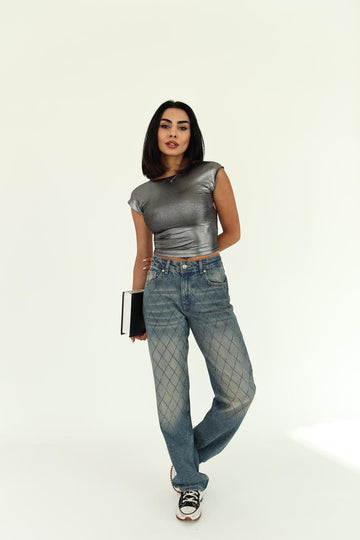 Baklava Desen Taş Detaylı Straight Jean