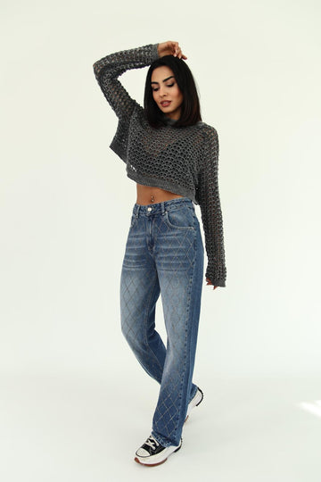 Baklava Desen Taş Detaylı Straight Jean