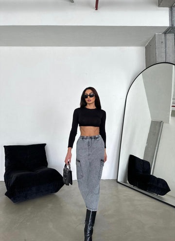 Kargo Cepli Maxı Denim Etek