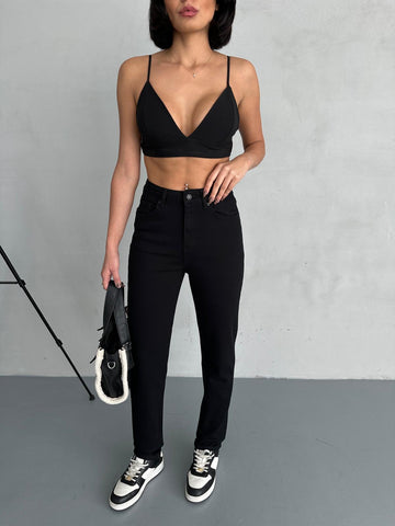 Siyah Gabardin Kumaş Mom Jean