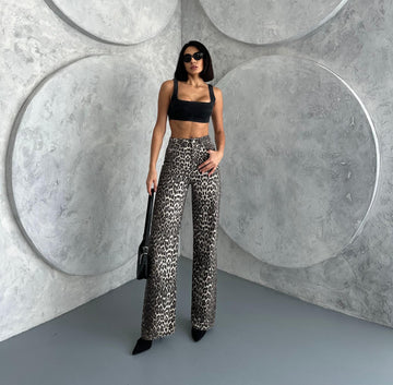 Leopar Desenli Wide Leg Pantolon