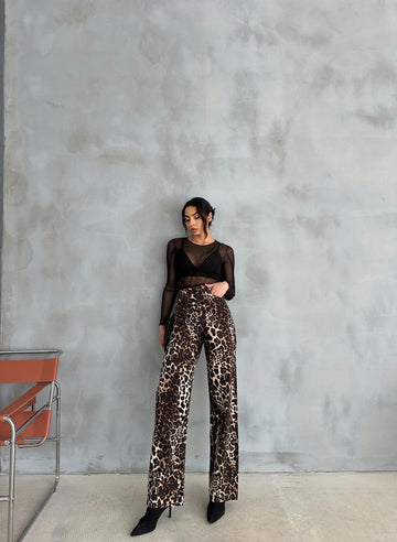 Leopar Desenli Wide Leg Pantolon