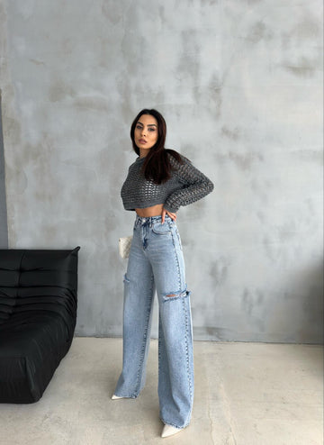 Buz Mavi Lazerli Baggy Denim